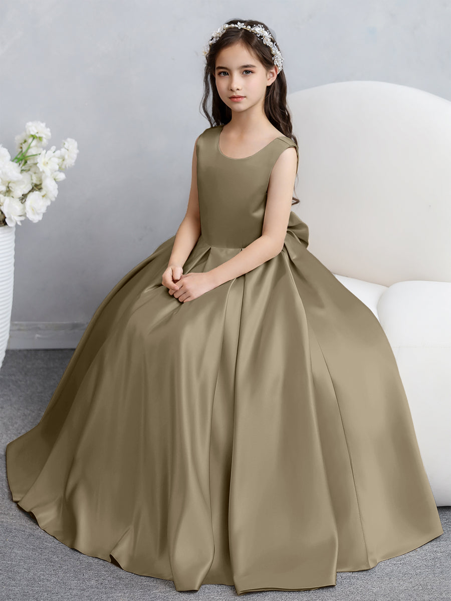 Vestidos de Flores de Cetim com Gola Redonda e Laço