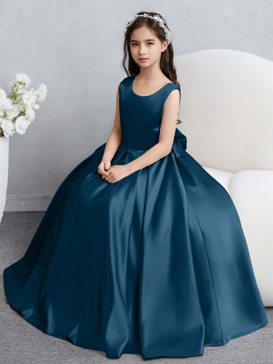 Vestidos de Flores de Cetim com Gola Redonda e Laço