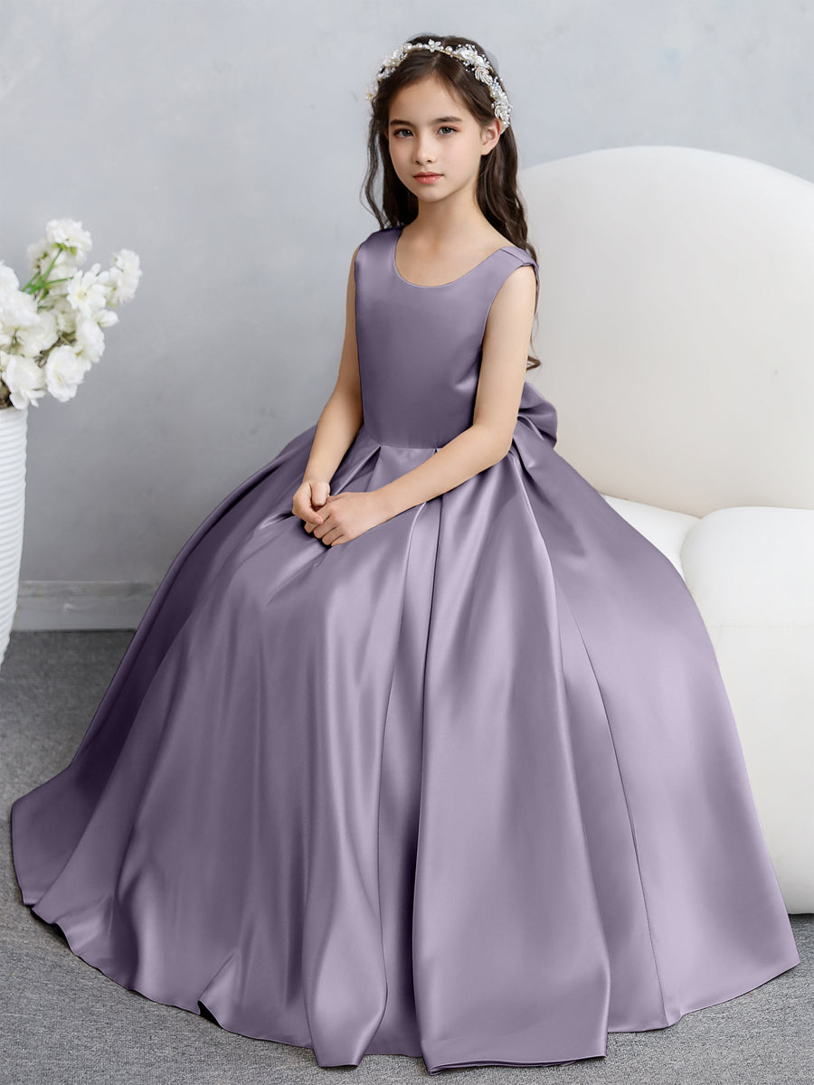 Vestidos de Flores de Cetim com Gola Redonda e Laço