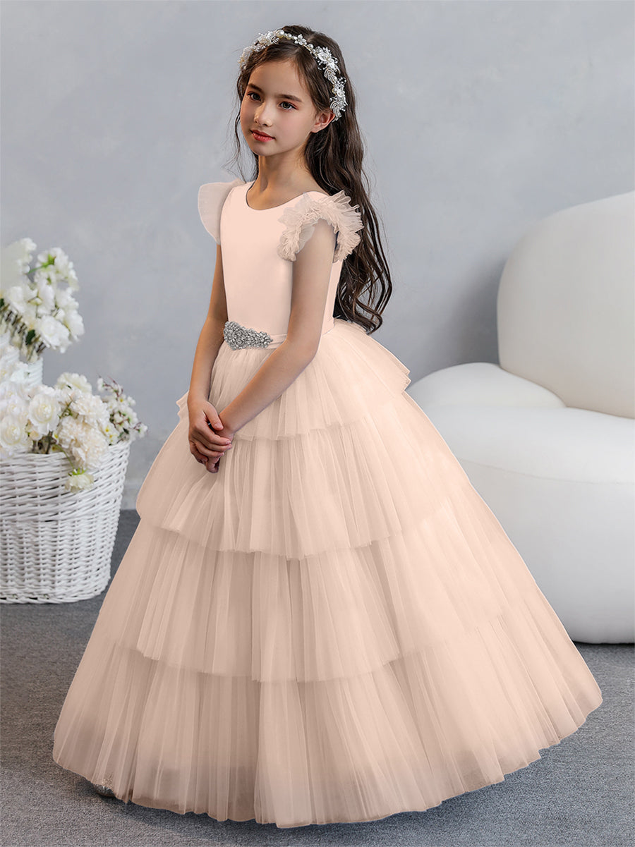 Vestido de Baile de Tule/Princesa Vestidos Floristas com Pregas Em Camadas e Strass