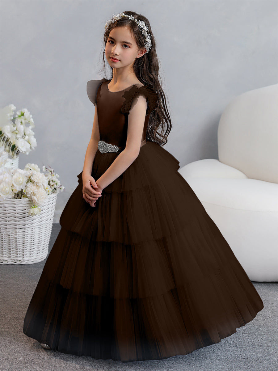 Vestido de Baile de Tule/Princesa Vestidos Floristas com Pregas Em Camadas e Strass