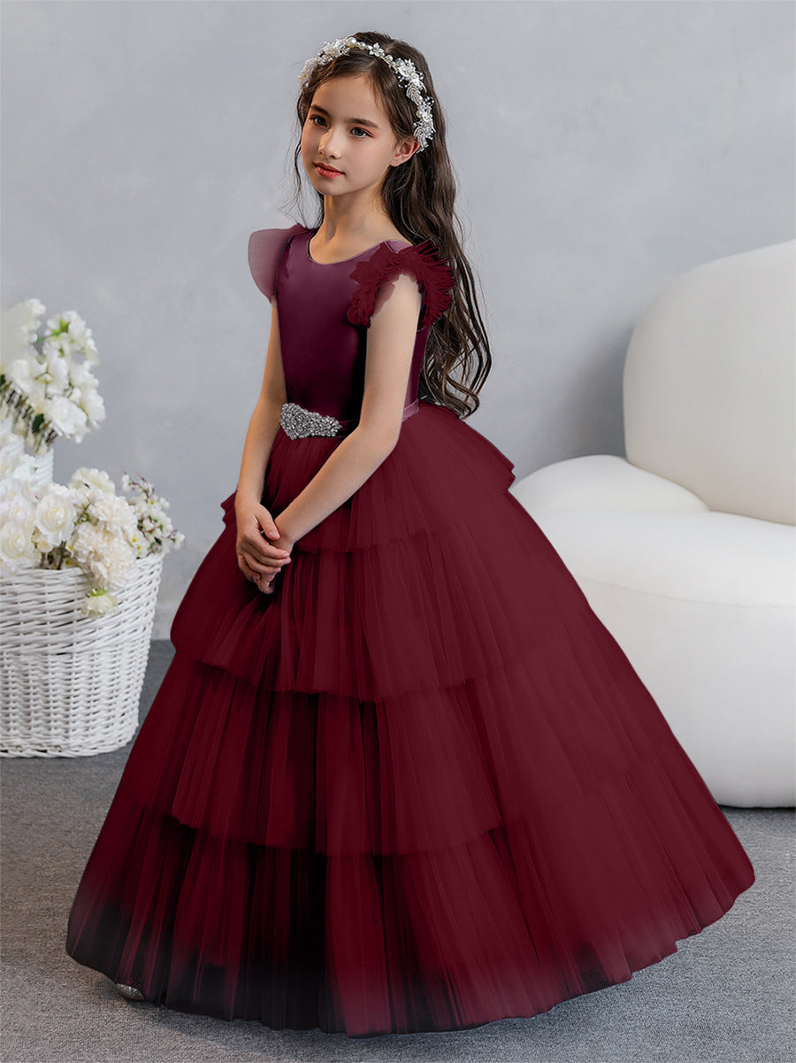 Vestido de Baile de Tule/Princesa Vestidos Floristas com Pregas Em Camadas e Strass