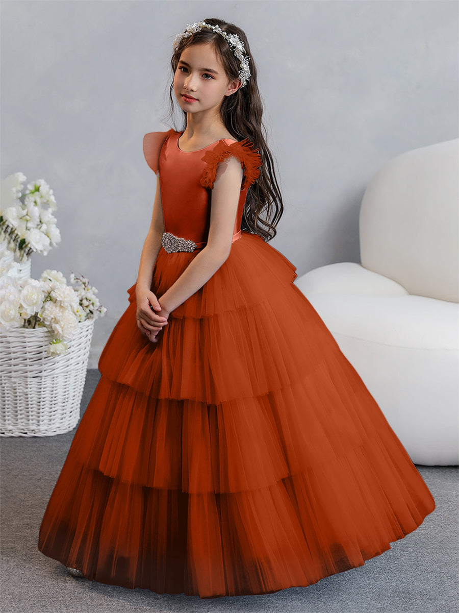 Vestido de Baile de Tule/Princesa Vestidos Floristas com Pregas Em Camadas e Strass