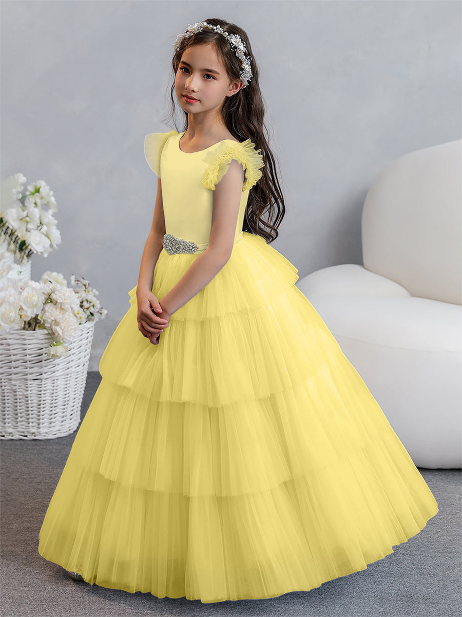Vestido de Baile de Tule/Princesa Vestidos Floristas com Pregas Em Camadas e Strass