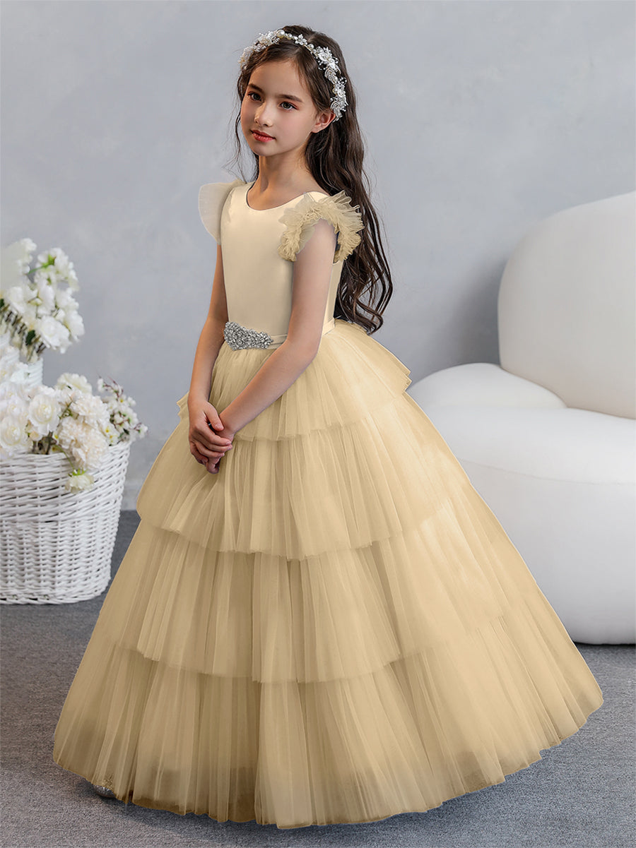 Vestido de Baile de Tule/Princesa Vestidos Floristas com Pregas Em Camadas e Strass