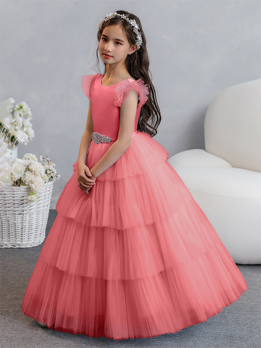 Vestido de Baile de Tule/Princesa Vestidos Floristas com Pregas Em Camadas e Strass