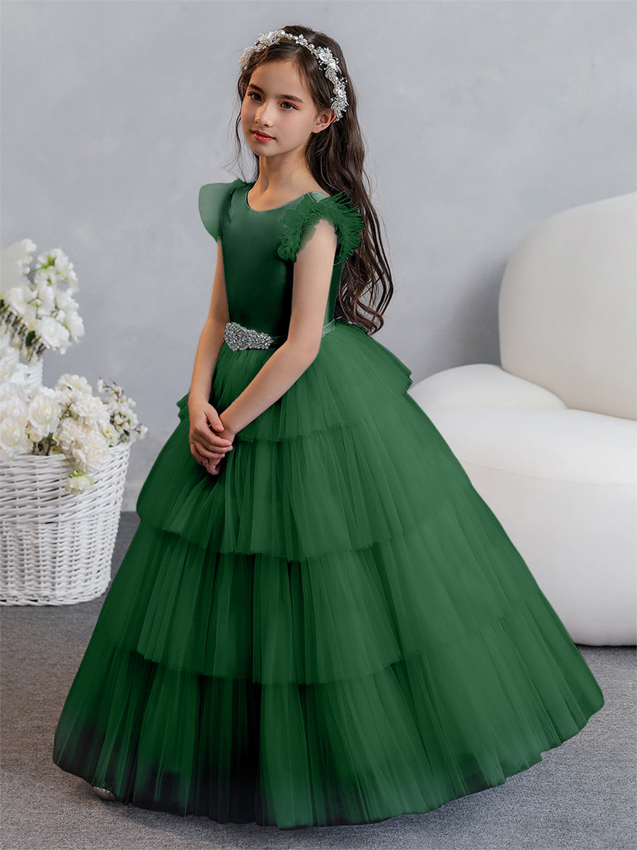 Vestido de Baile de Tule/Princesa Vestidos Floristas com Pregas Em Camadas e Strass