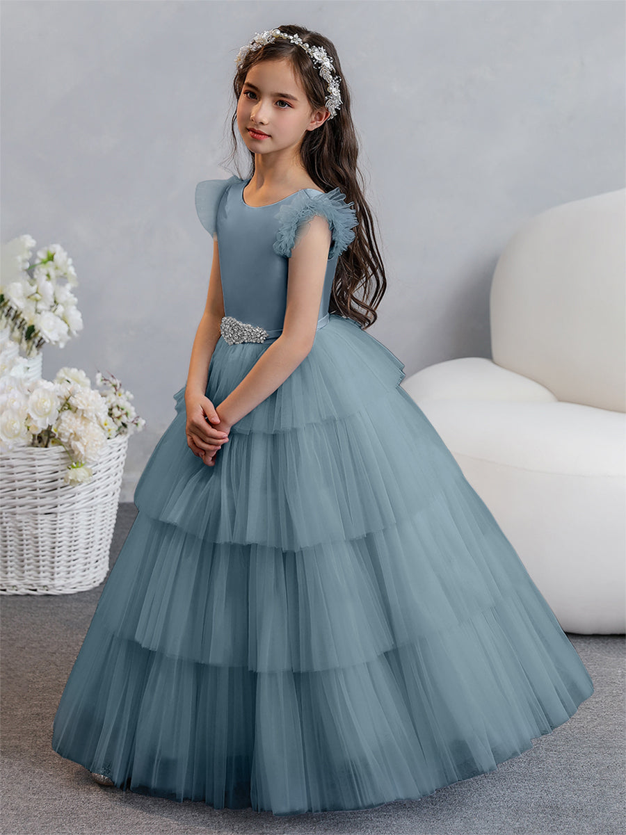Vestido de Baile de Tule/Princesa Vestidos Floristas com Pregas Em Camadas e Strass