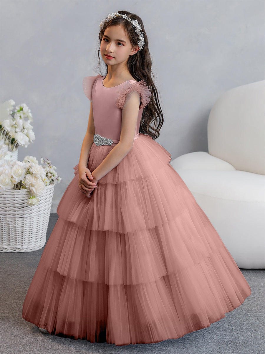 Vestido de Baile de Tule/Princesa Vestidos Floristas com Pregas Em Camadas e Strass