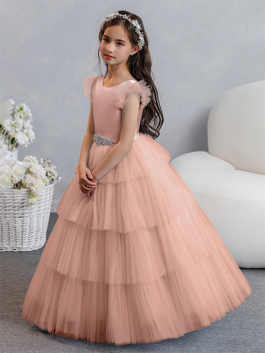 Vestido de Baile de Tule/Princesa Vestidos Floristas com Pregas Em Camadas e Strass