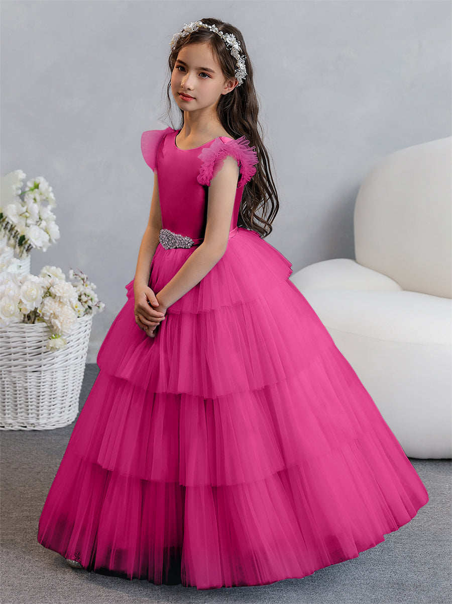Vestido de Baile de Tule/Princesa Vestidos Floristas com Pregas Em Camadas e Strass