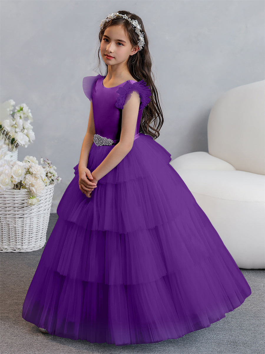 Vestido de Baile de Tule/Princesa Vestidos Floristas com Pregas Em Camadas e Strass