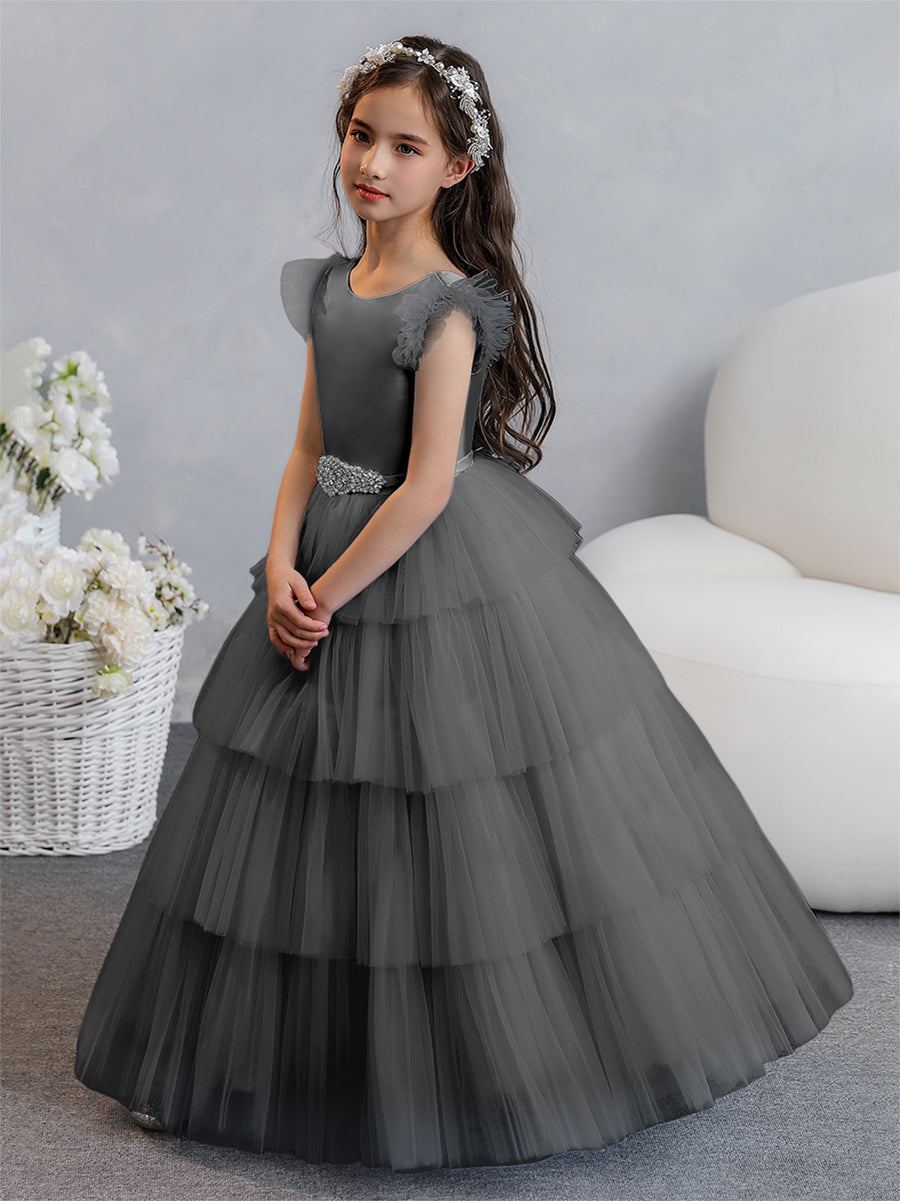 Vestido de Baile de Tule/Princesa Vestidos Floristas com Pregas Em Camadas e Strass