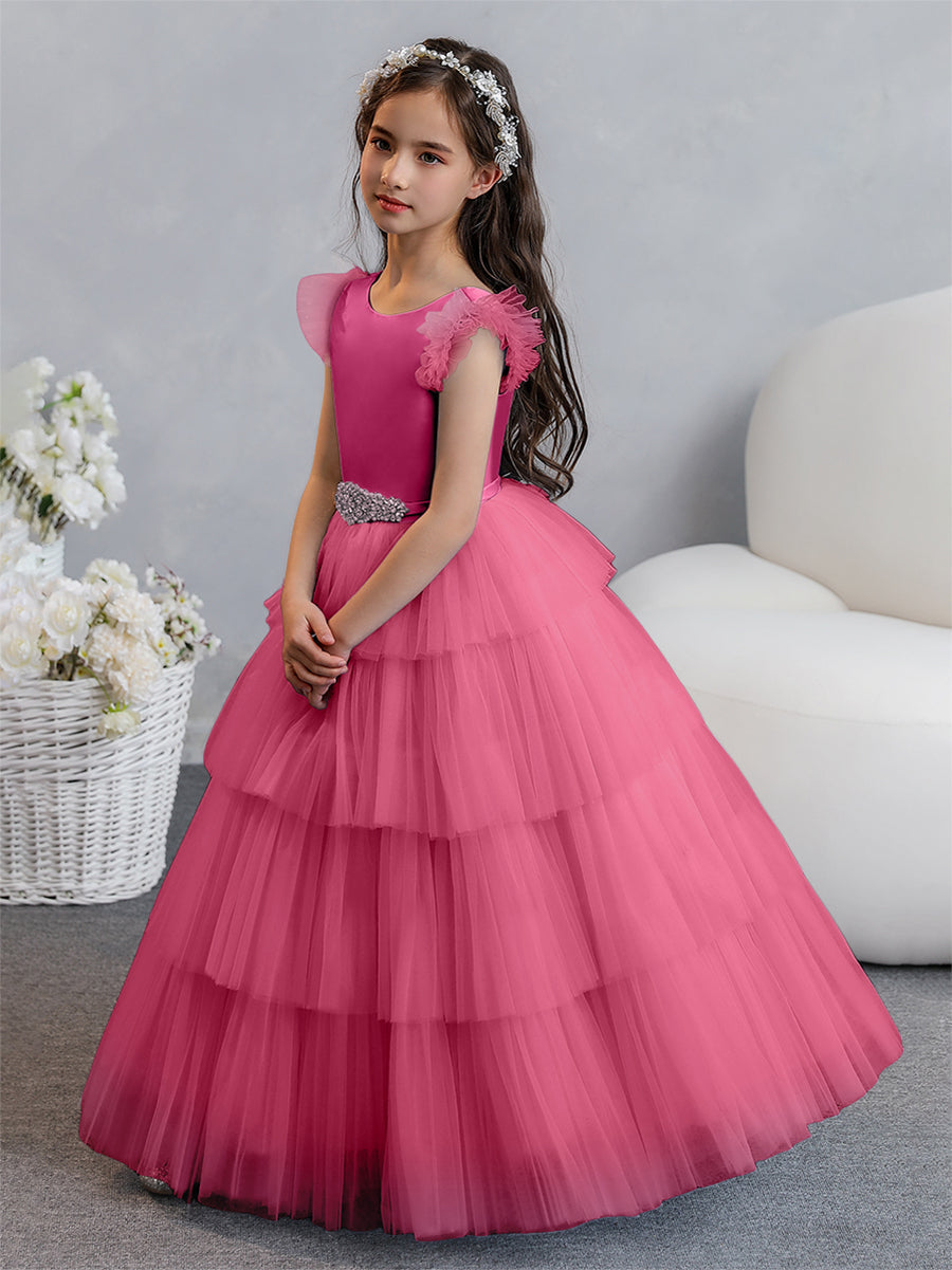 Vestido de Baile de Tule/Princesa Vestidos Floristas com Pregas Em Camadas e Strass