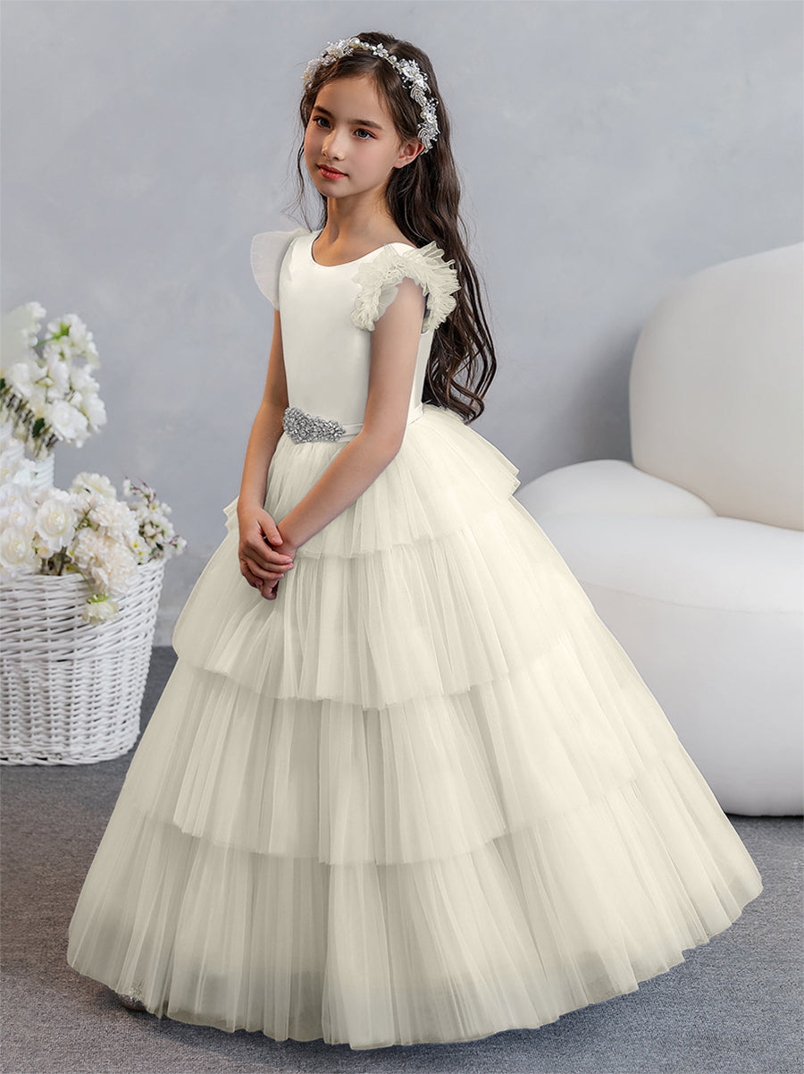 Vestido de Baile de Tule/Princesa Vestidos Floristas com Pregas Em Camadas e Strass