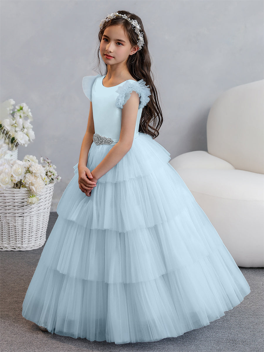 Vestido de Baile de Tule/Princesa Vestidos Floristas com Pregas Em Camadas e Strass