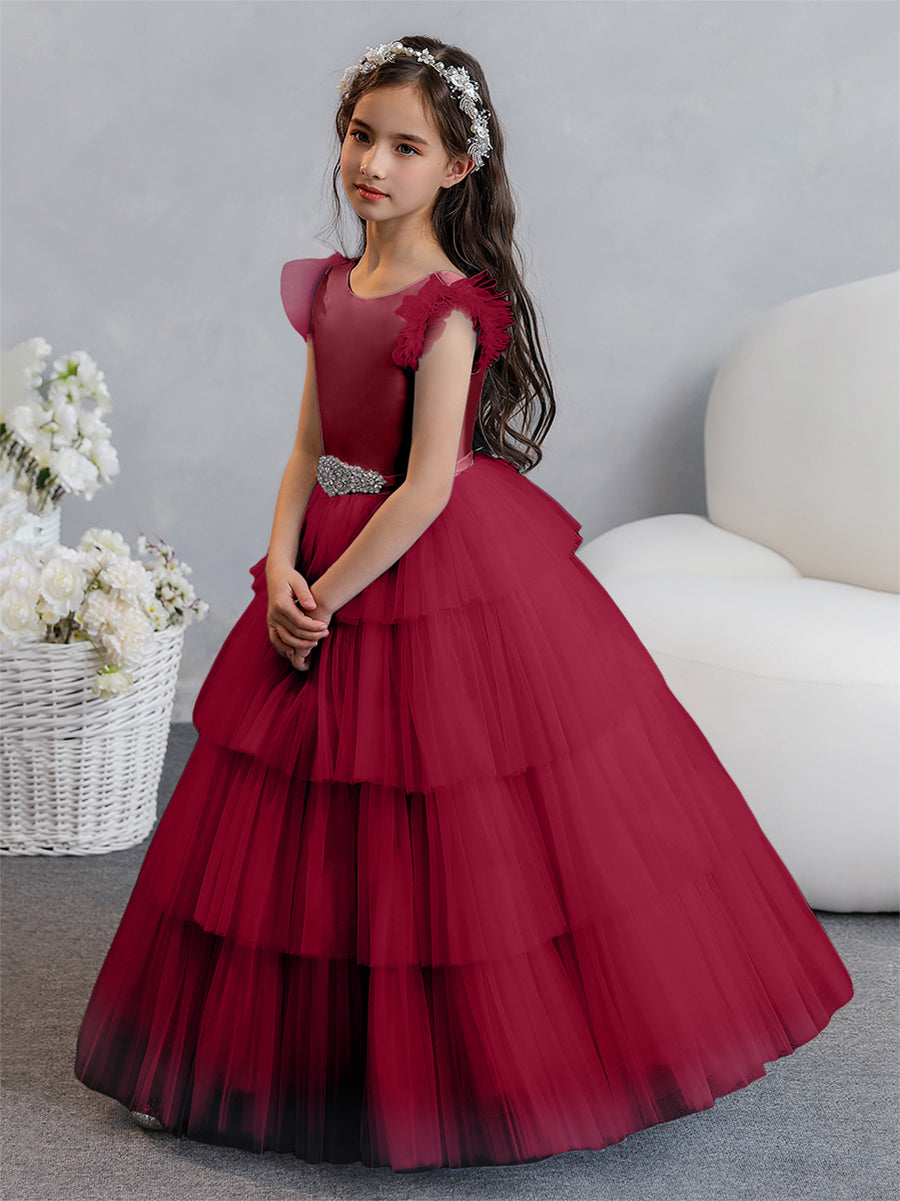 Vestido de Baile de Tule/Princesa Vestidos Floristas com Pregas Em Camadas e Strass