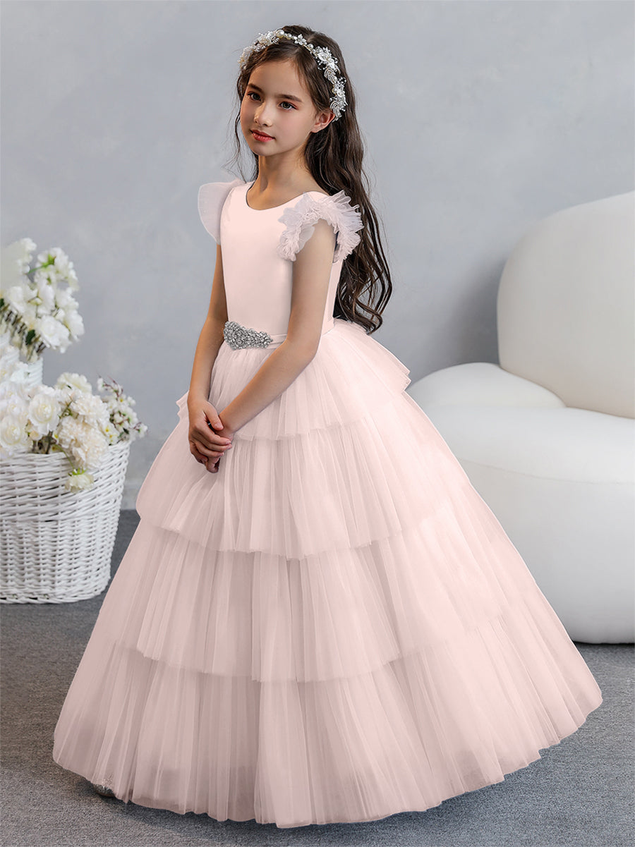 Vestido de Baile de Tule/Princesa Vestidos Floristas com Pregas Em Camadas e Strass