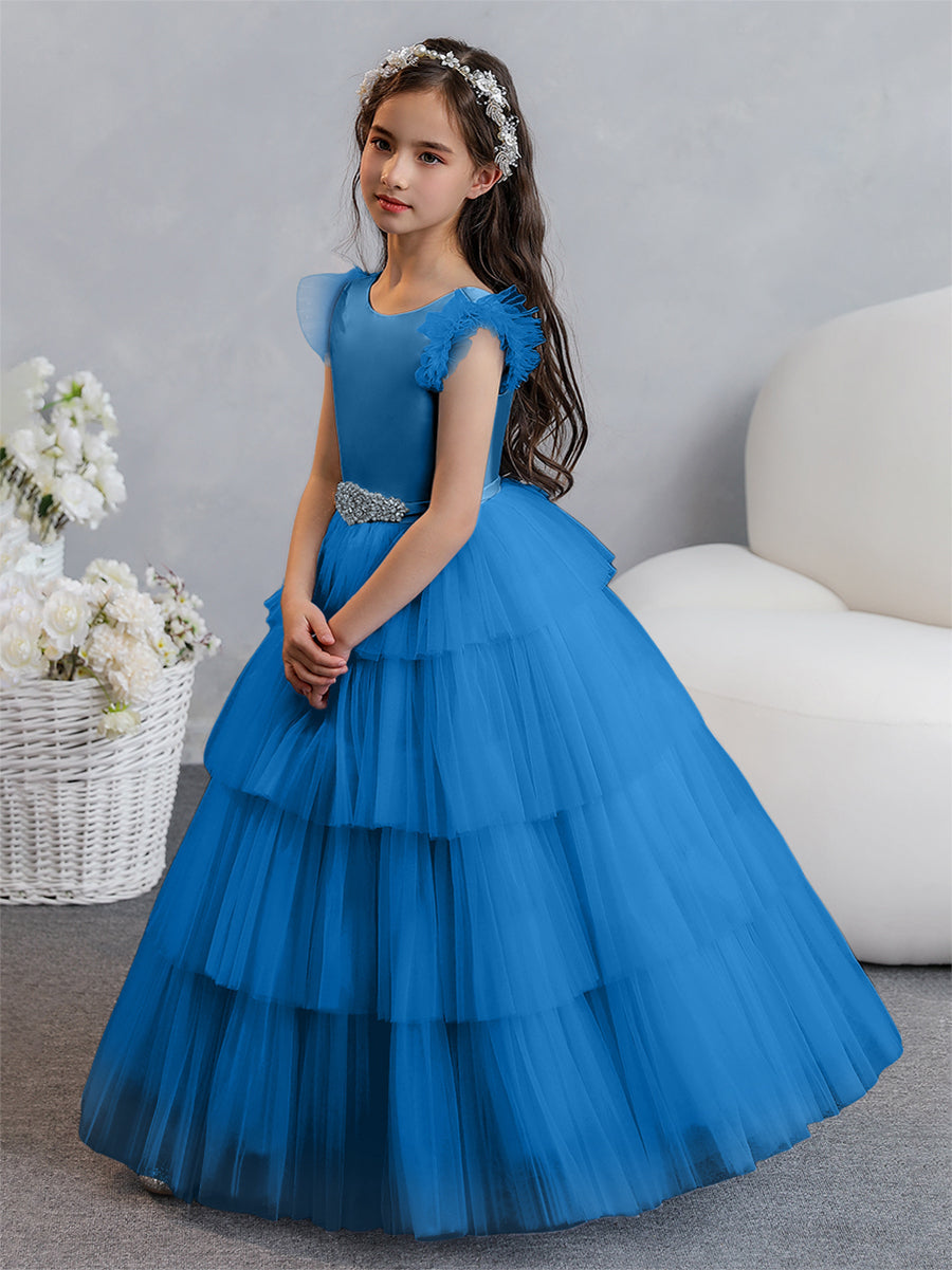 Vestido de Baile de Tule/Princesa Vestidos Floristas com Pregas Em Camadas e Strass
