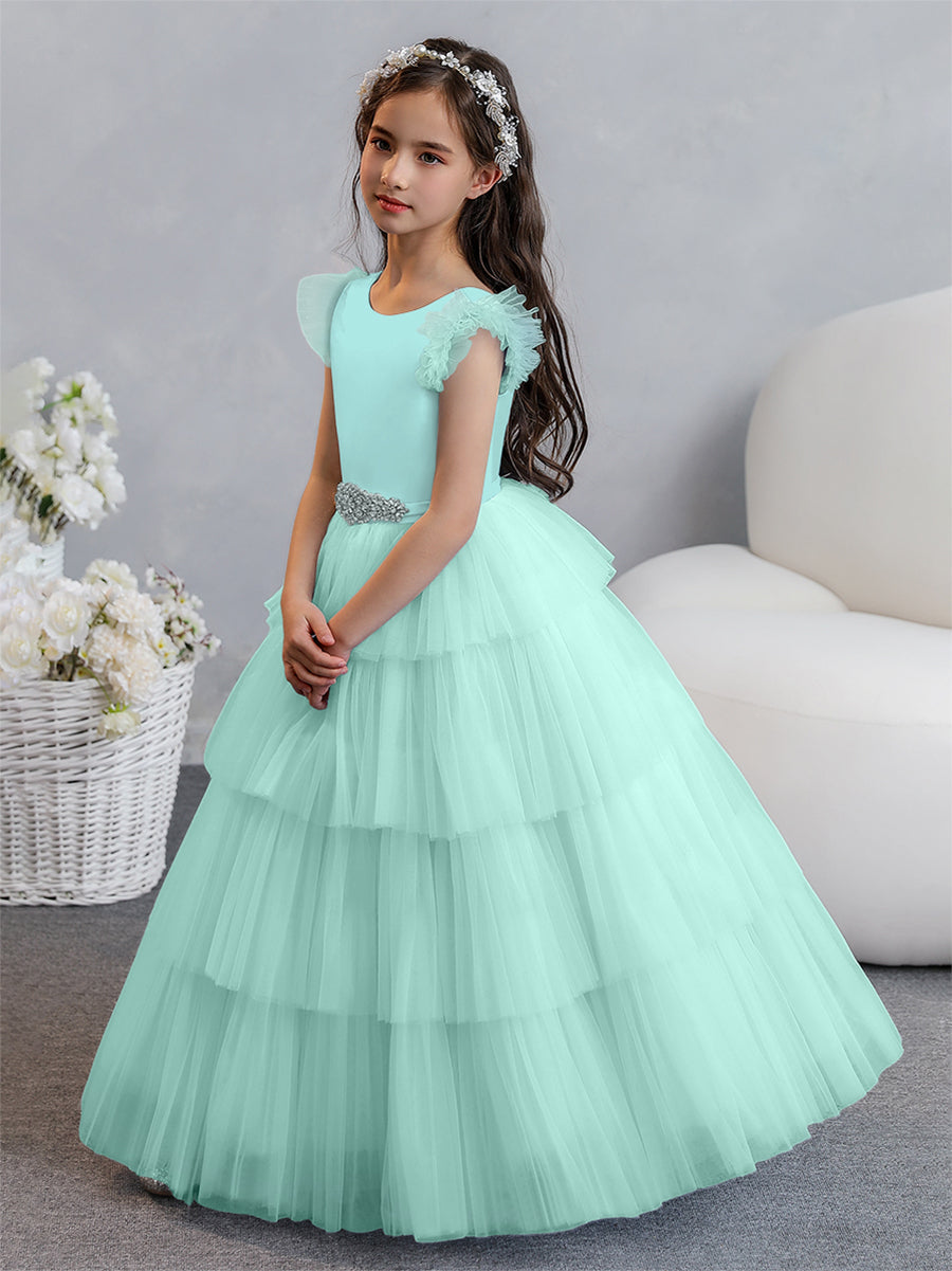 Vestido de Baile de Tule/Princesa Vestidos Floristas com Pregas Em Camadas e Strass
