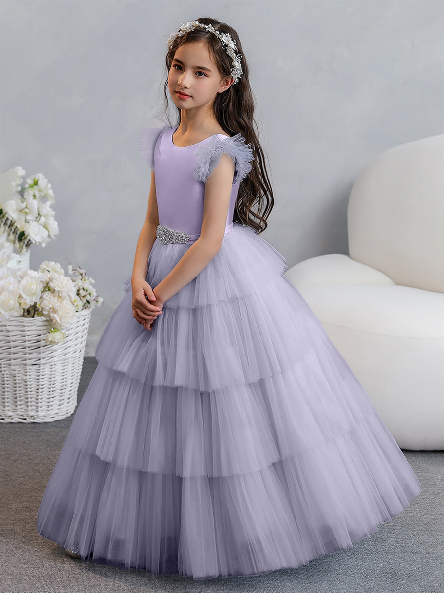 Vestido de Baile de Tule/Princesa Vestidos Floristas com Pregas Em Camadas e Strass