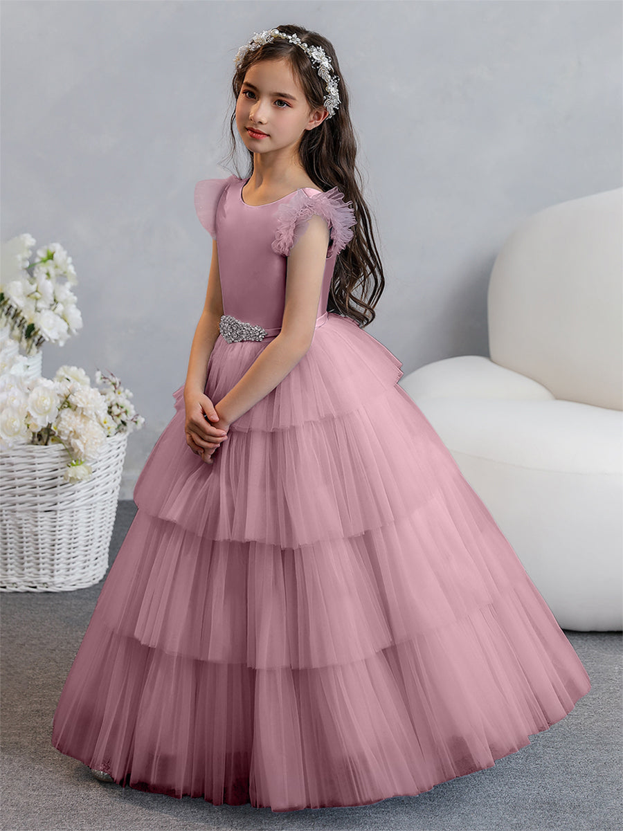 Vestido de Baile de Tule/Princesa Vestidos Floristas com Pregas Em Camadas e Strass