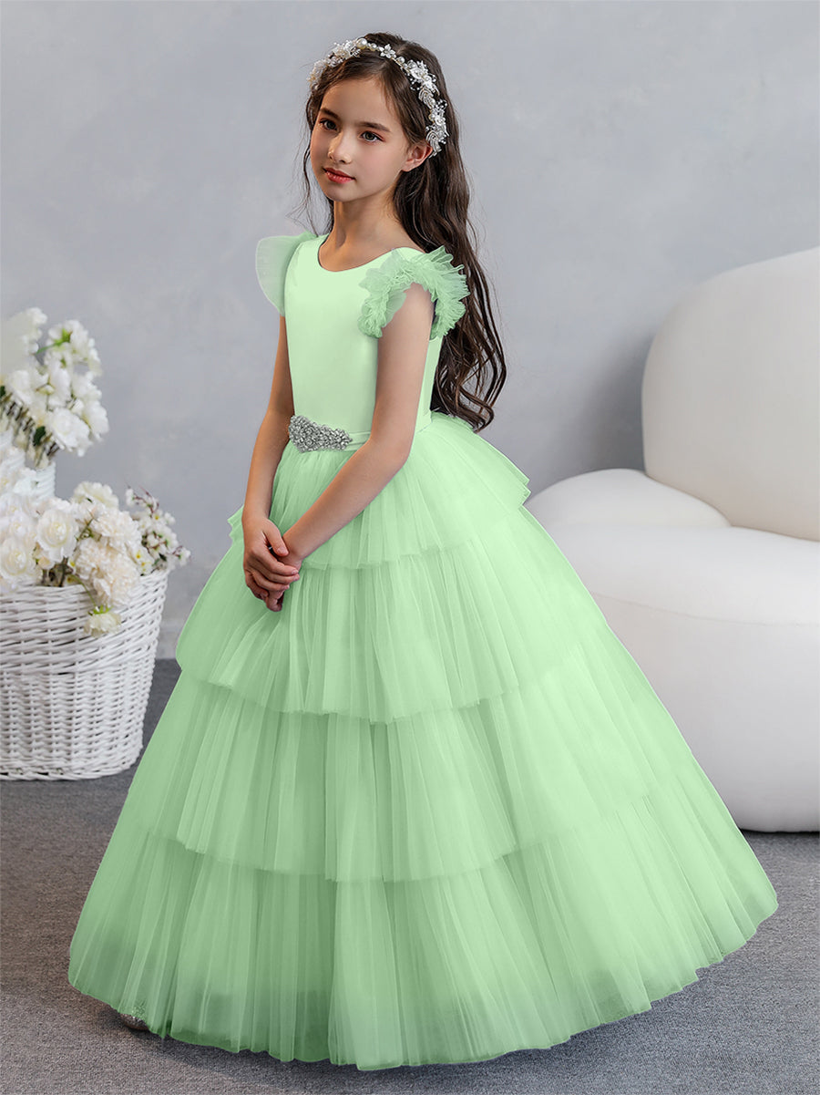 Vestido de Baile de Tule/Princesa Vestidos Floristas com Pregas Em Camadas e Strass