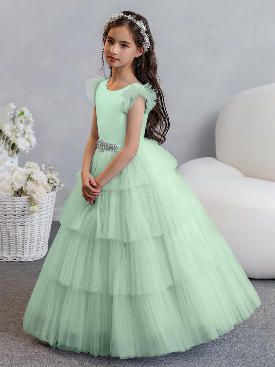 Vestido de Baile de Tule/Princesa Vestidos Floristas com Pregas Em Camadas e Strass
