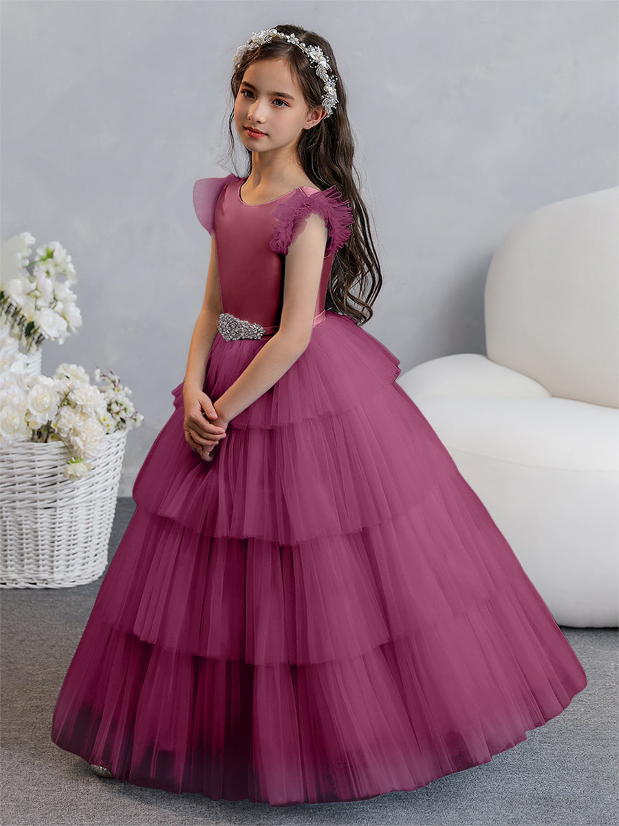 Vestido de Baile de Tule/Princesa Vestidos Floristas com Pregas Em Camadas e Strass