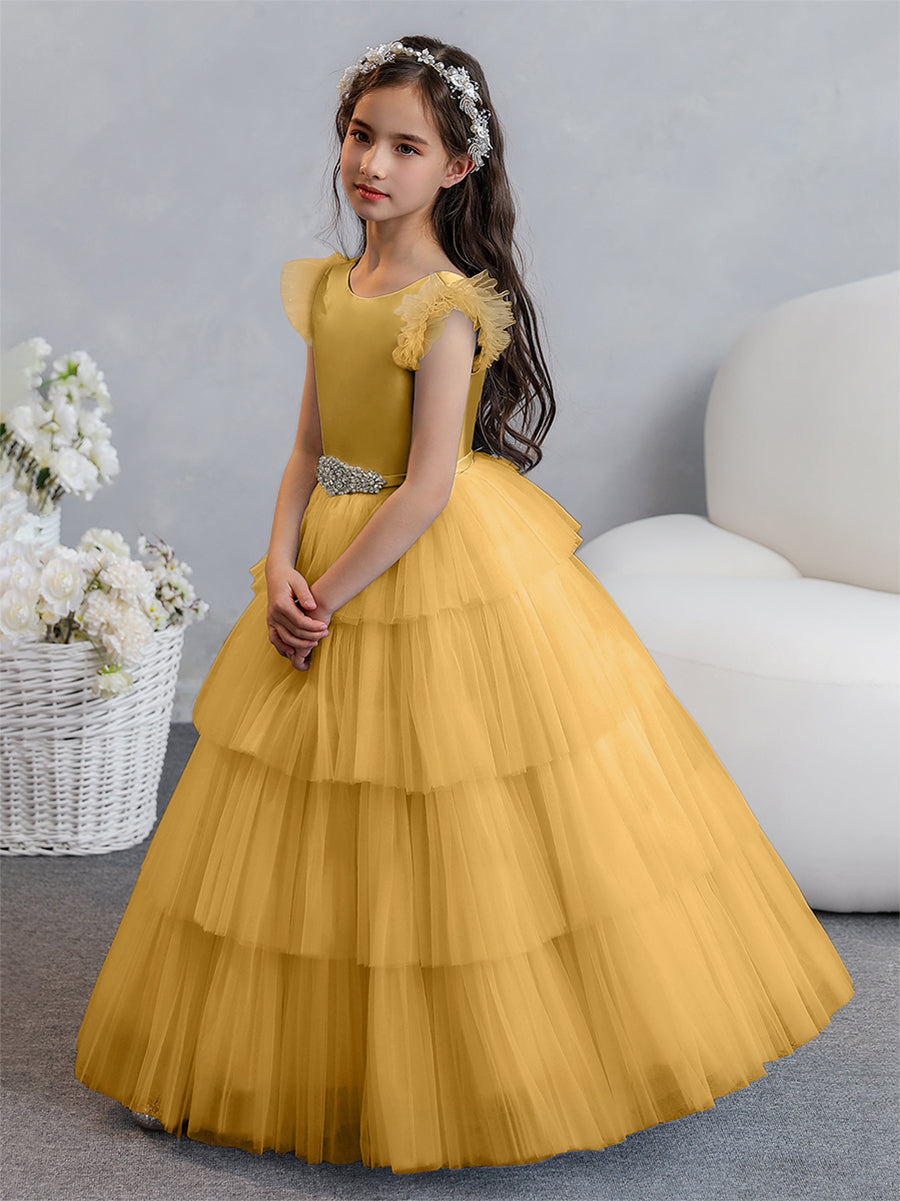 Vestido de Baile de Tule/Princesa Vestidos Floristas com Pregas Em Camadas e Strass