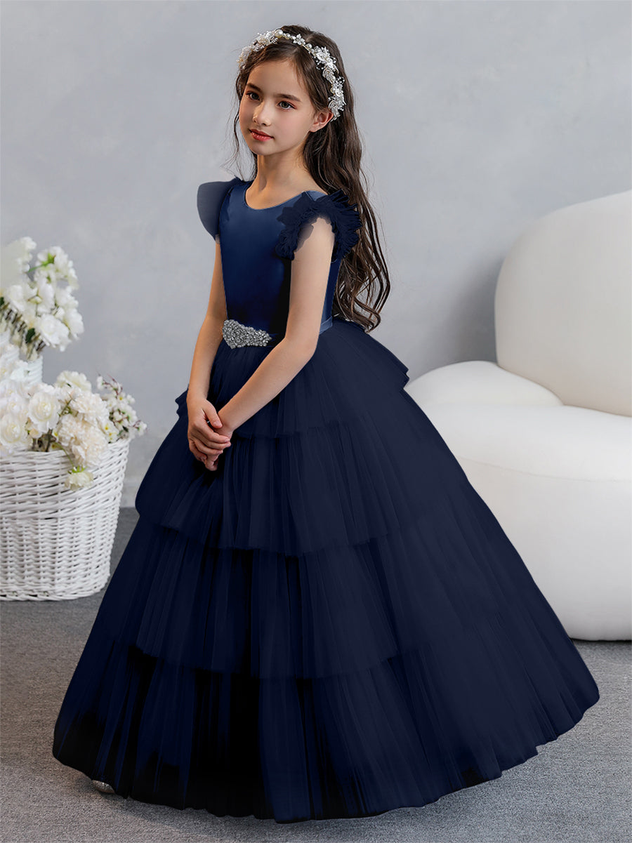 Vestido de Baile de Tule/Princesa Vestidos Floristas com Pregas Em Camadas e Strass
