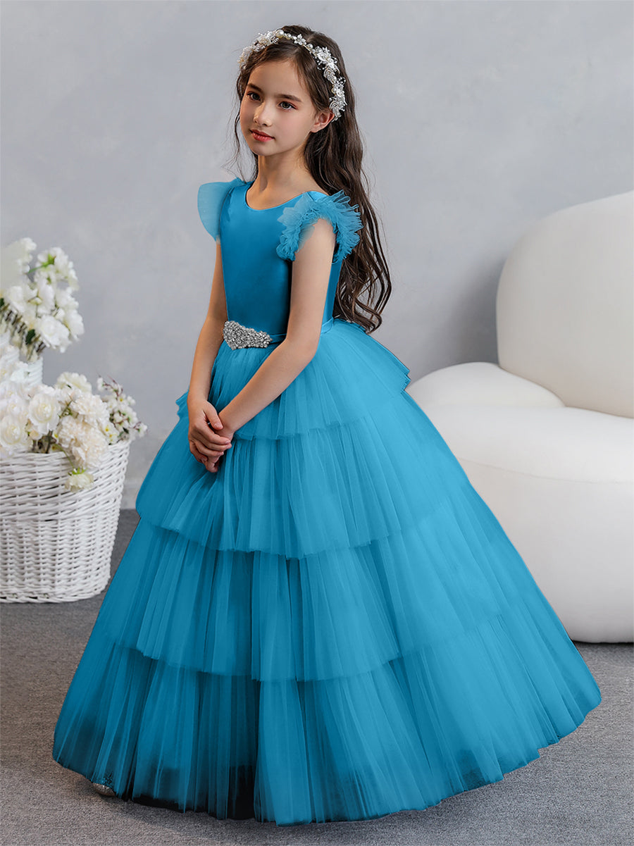 Vestido de Baile de Tule/Princesa Vestidos Floristas com Pregas Em Camadas e Strass