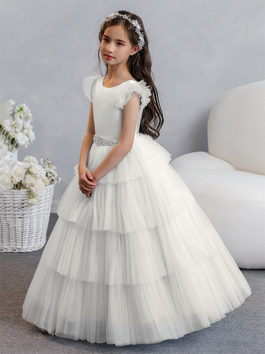 Vestido de Baile de Tule/Princesa Vestidos Floristas com Pregas Em Camadas e Strass