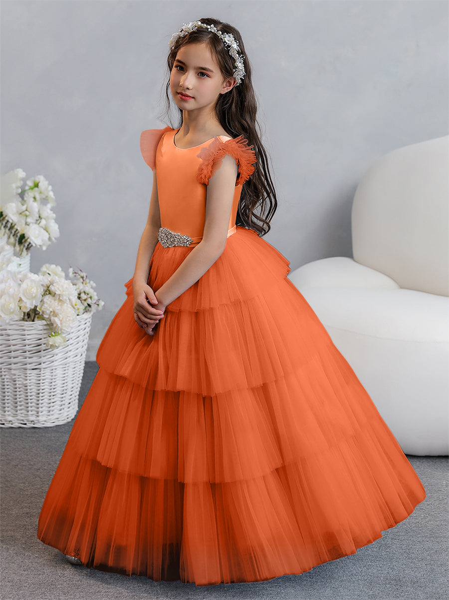 Vestido de Baile de Tule/Princesa Vestidos Floristas com Pregas Em Camadas e Strass