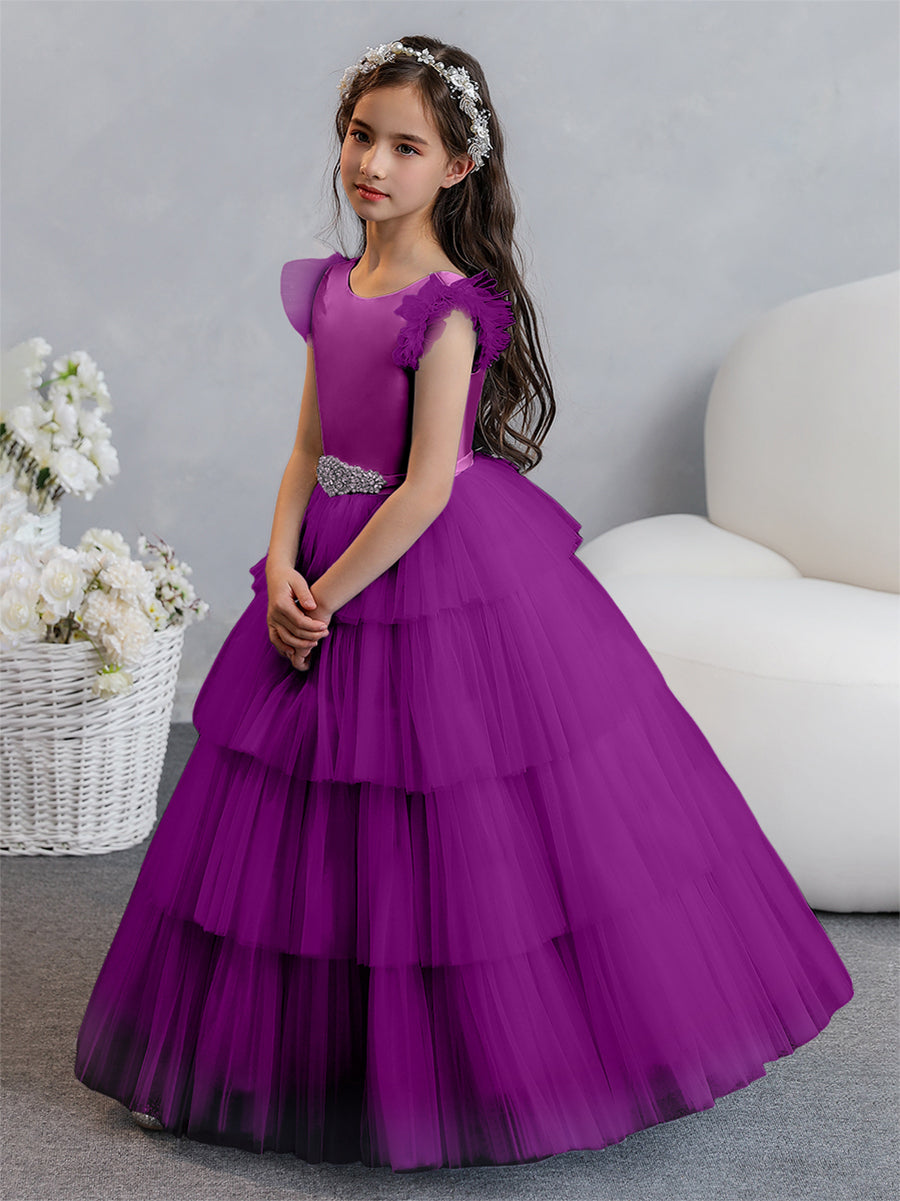 Vestido de Baile de Tule/Princesa Vestidos Floristas com Pregas Em Camadas e Strass
