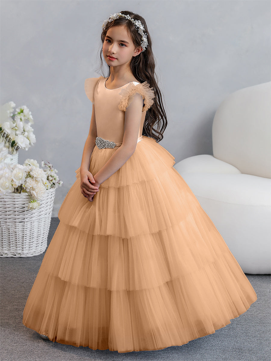 Vestido de Baile de Tule/Princesa Vestidos Floristas com Pregas Em Camadas e Strass