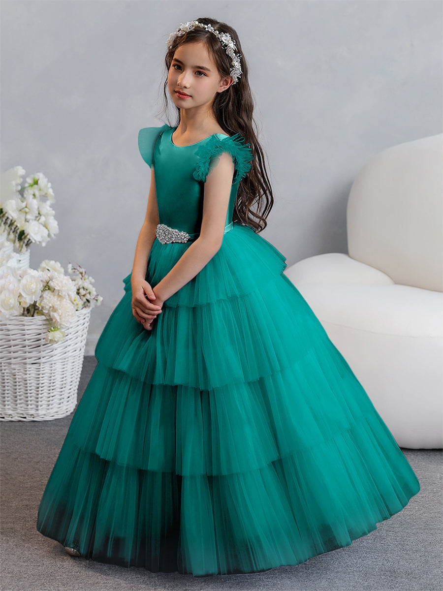 Vestido de Baile de Tule/Princesa Vestidos Floristas com Pregas Em Camadas e Strass