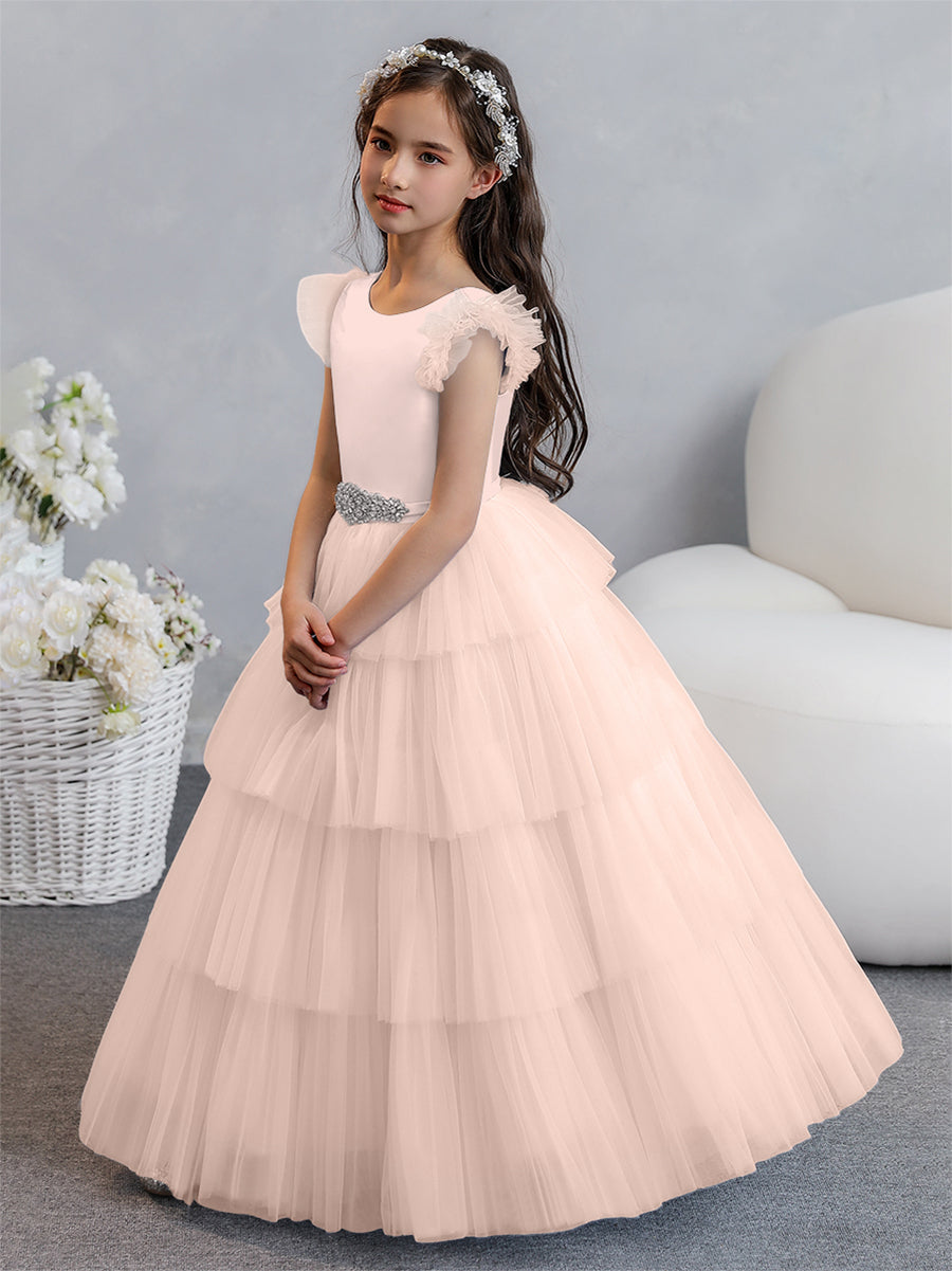 Vestido de Baile de Tule/Princesa Vestidos Floristas com Pregas Em Camadas e Strass