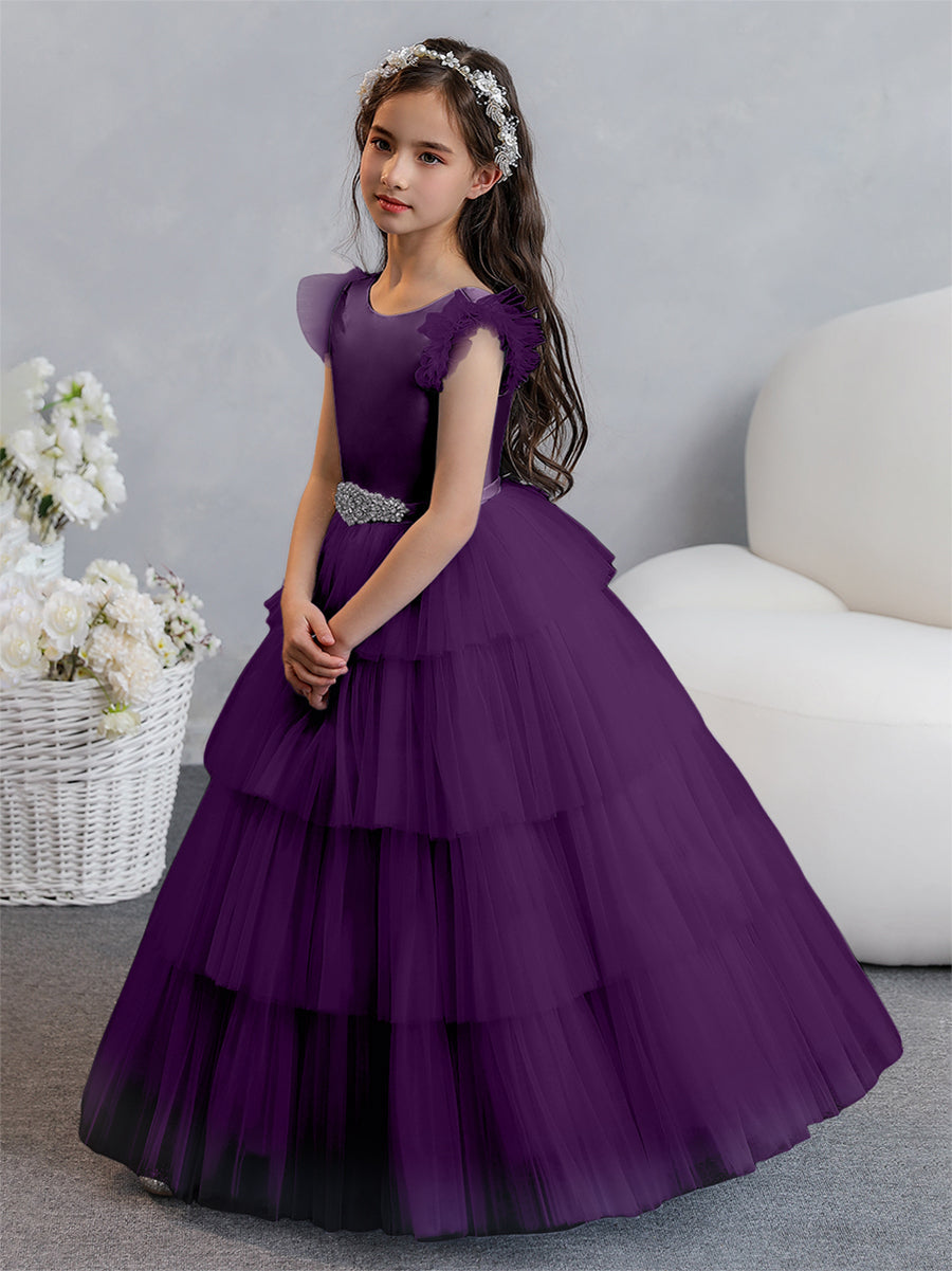 Vestido de Baile de Tule/Princesa Vestidos Floristas com Pregas Em Camadas e Strass