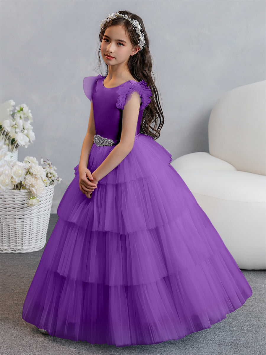 Vestido de Baile de Tule/Princesa Vestidos Floristas com Pregas Em Camadas e Strass