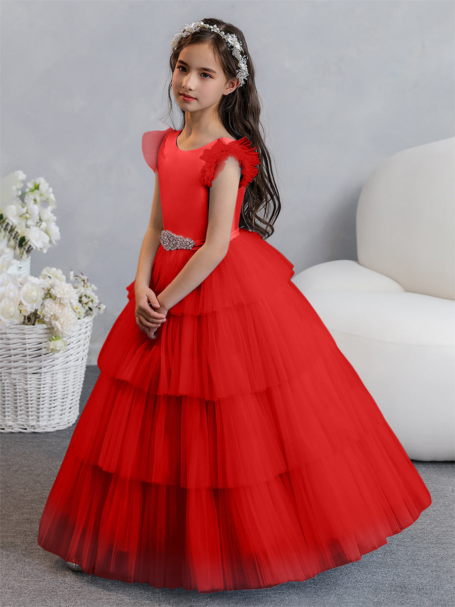 Vestido de Baile de Tule/Princesa Vestidos Floristas com Pregas Em Camadas e Strass