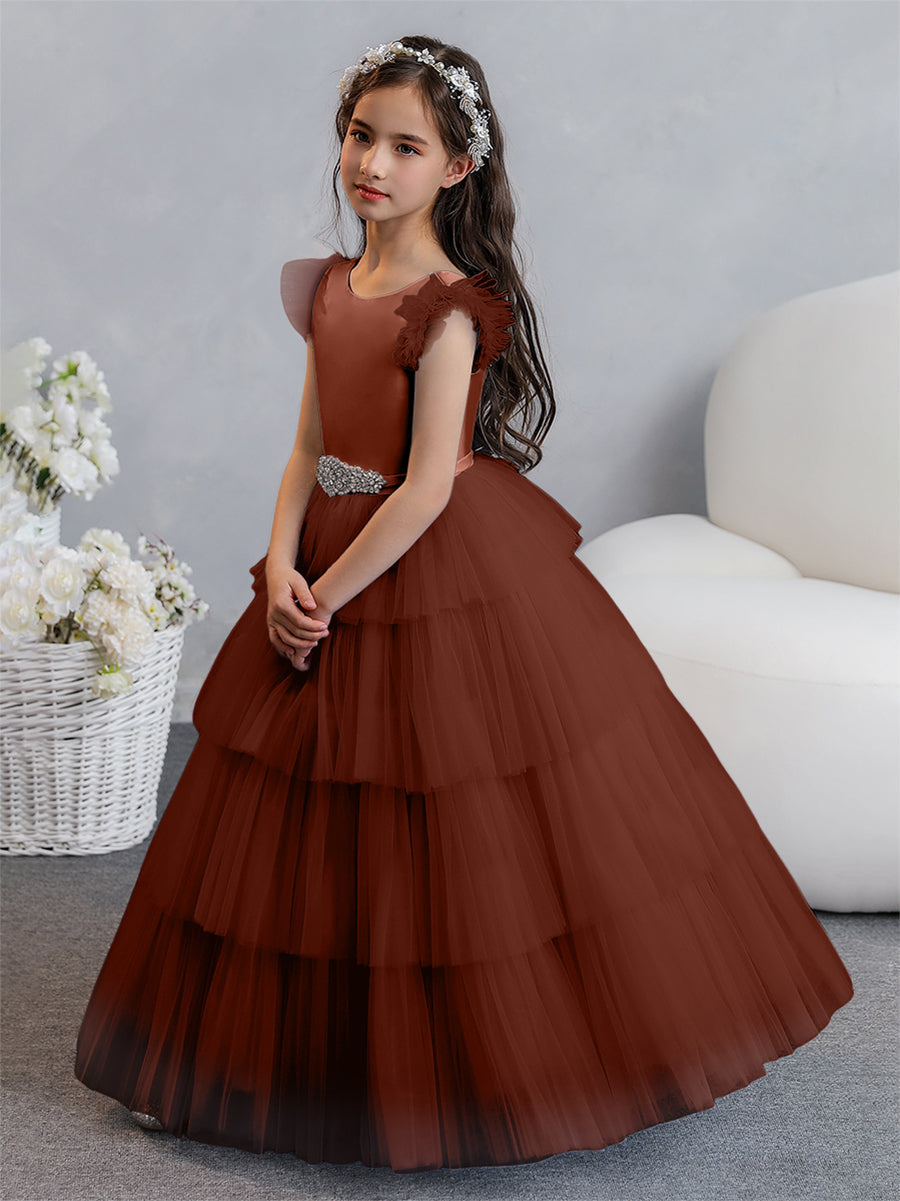 Vestido de Baile de Tule/Princesa Vestidos Floristas com Pregas Em Camadas e Strass