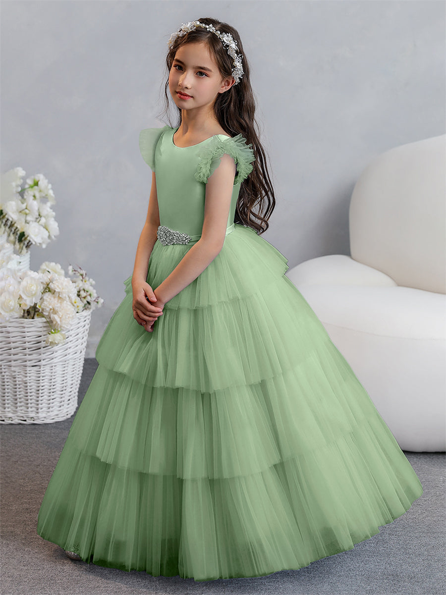 Vestido de Baile de Tule/Princesa Vestidos Floristas com Pregas Em Camadas e Strass