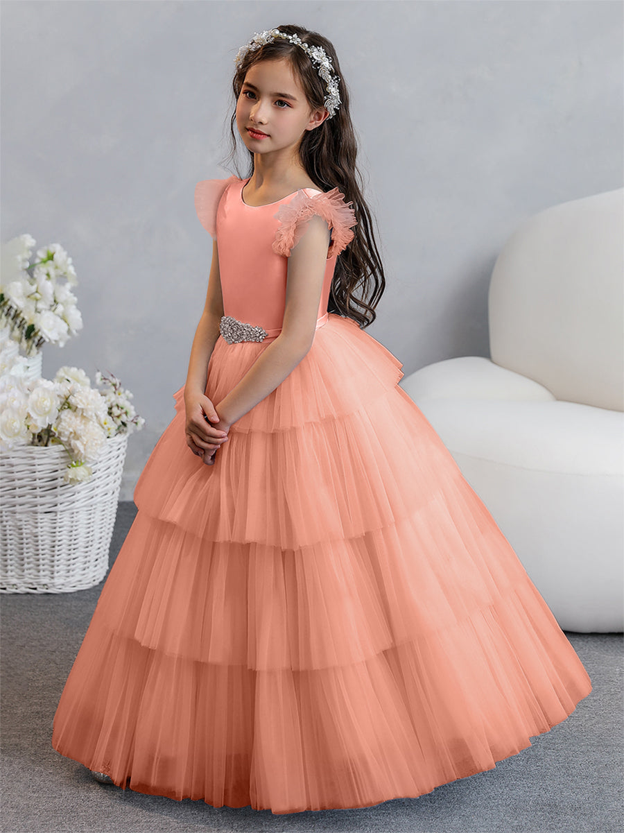 Vestido de Baile de Tule/Princesa Vestidos Floristas com Pregas Em Camadas e Strass