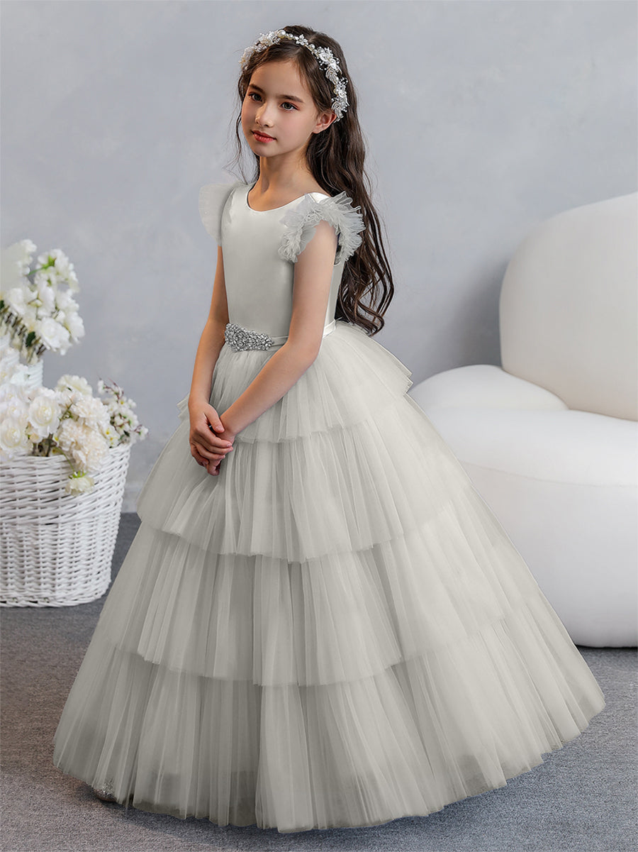 Vestido de Baile de Tule/Princesa Vestidos Floristas com Pregas Em Camadas e Strass