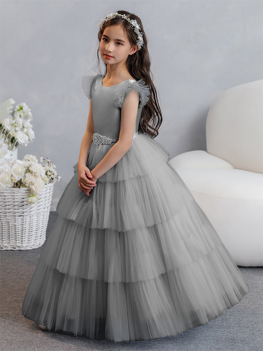 Vestido de Baile de Tule/Princesa Vestidos Floristas com Pregas Em Camadas e Strass
