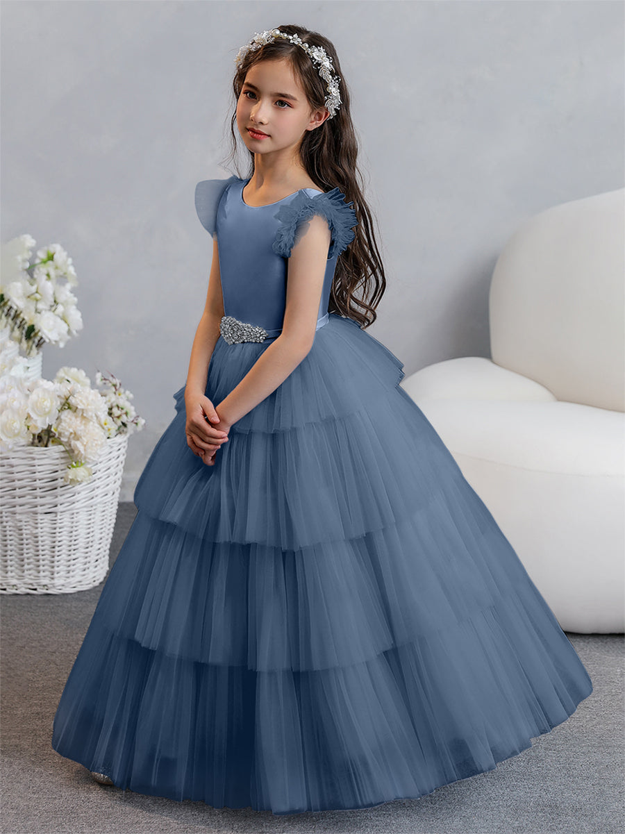 Vestido de Baile de Tule/Princesa Vestidos Floristas com Pregas Em Camadas e Strass