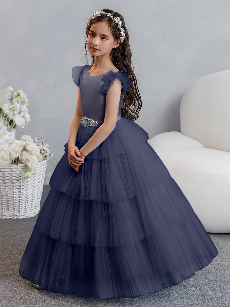 Vestido de Baile de Tule/Princesa Vestidos Floristas com Pregas Em Camadas e Strass