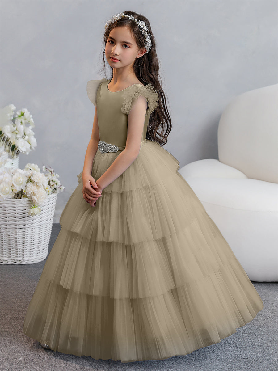 Vestido de Baile de Tule/Princesa Vestidos Floristas com Pregas Em Camadas e Strass