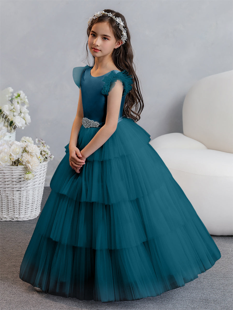 Vestido de Baile de Tule/Princesa Vestidos Floristas com Pregas Em Camadas e Strass